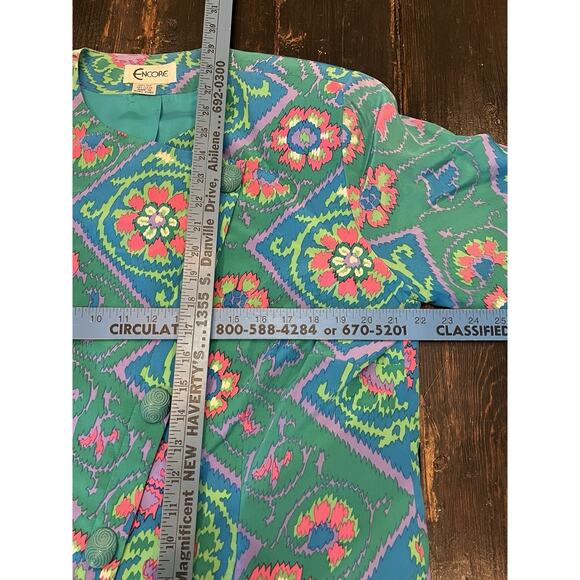 Vintage Encore Hong Kong 100% Silk Skirt Suit Set M 8-10 Teal Pink Floral - Picture 9 of 13